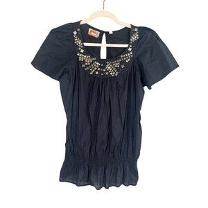 Mudd Embellished Top Black L Peplum Sheer Y2K Boho Indie Folk Chic Classic 80s